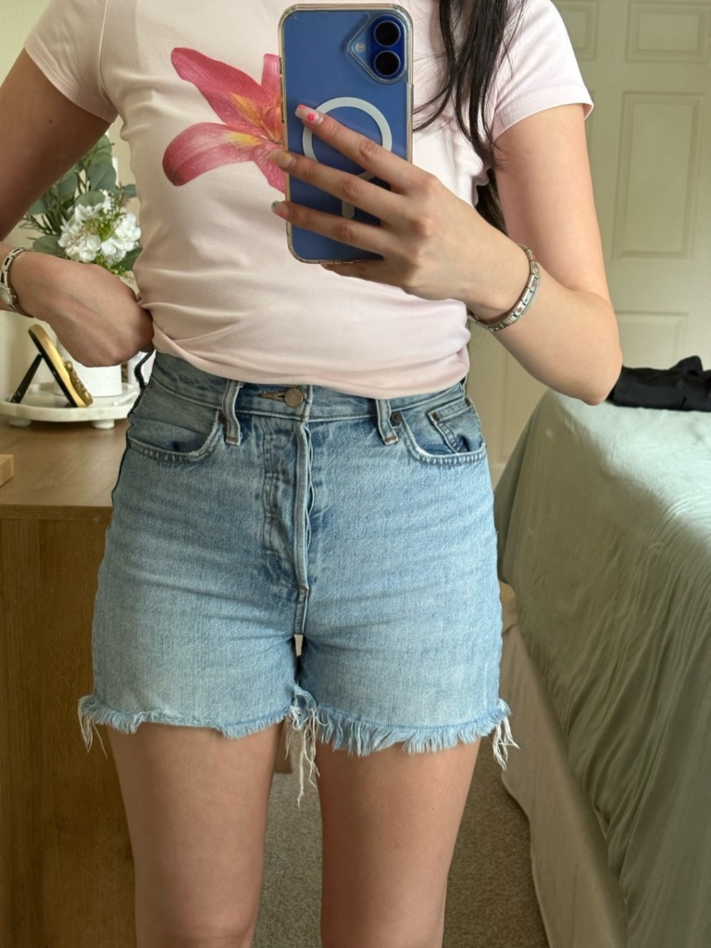 Denim Forum Light Blue High-Rise Frayed Hem Jean Shorts